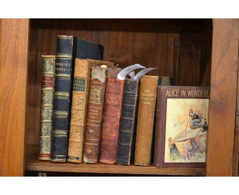 A small collection of leather bound books including Pilgrims Progress circa 1880, The Dragon Book of Verse 1939, Barchester T
