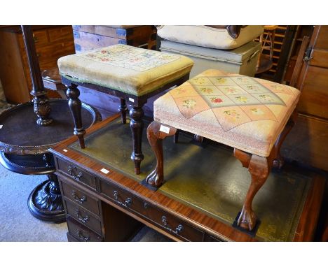 Two 19th century mahogany framed stools with floral tapestry seats (2)Please note that all lots are second hand and may inclu