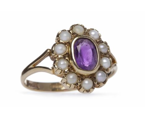 EARLY TWENTIETH CENTURY AMETHYST AND SPLIT PEARL RING the central oval amethyst 6mm long, collet set and surrounded by split 
