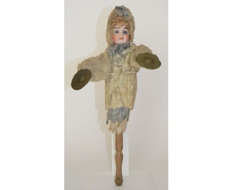 Marotte bisque head doll with symbols, German circa 1890, with fixed blue glass eyes, closed mouth, blonde wig and original c