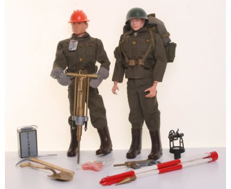 Scarce Palitoy Vintage Action Man Construction Engineer, on brown painted head fixed hands doll, with construction helmet, gr