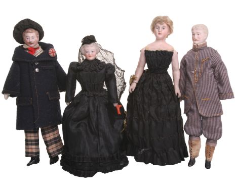 Four German bisque head Dolls House dolls, all with painted features and on cloth bodies with bisque lower arms and legs, thr