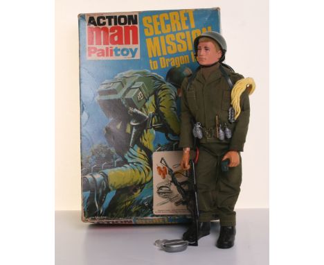 Palitoy Vintage Action Man,Secret Mission to Dragon Island, Equipment includes , helmet, uniform, rucksack, Sterling machine 