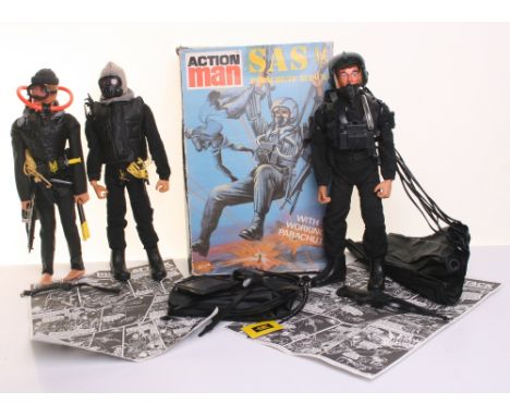 Palitoy Vintage Action Man SAS  Parachute Attack, jump suit, boots, helmet with oxygen mask, 2 x working parachutes and harne