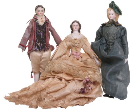 Three German parian-type Dolls house dolls, all with painted features and on cloth bodies with bisque lower arms and legs, el