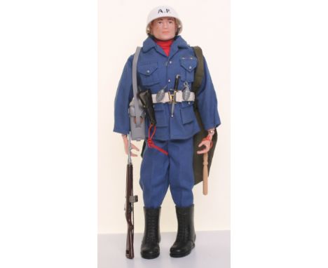 Scarce Palitoy Vintage Action Man Air Police, white helmet, grey field phone and case, carbine rifle, bayonet, boots, red sca