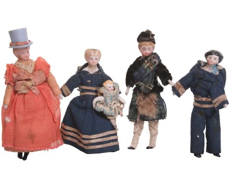 Four German bisque head Dolls House dolls, all with painted features moulded hair cloth bodies and bisque lower arms and legs