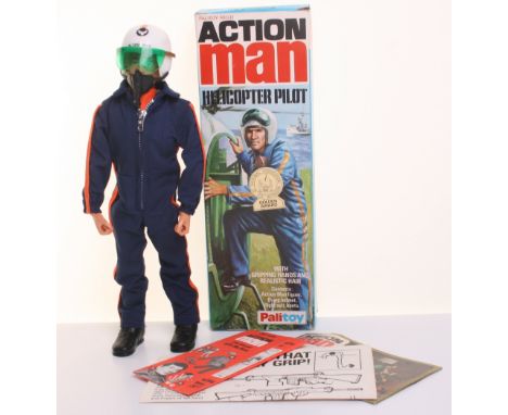 Palitoy Vintage Action Man Boxed Helicopter Pilot, 34059 flocked hair, gripping hands figure, with, flying helmet, flying sui