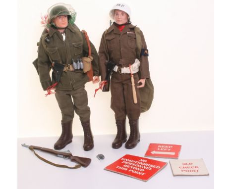 Palitoy Vintage Action Man Military Policeman, on brown painted head fixed hands doll, white helmet, tunic & trousers, boots,