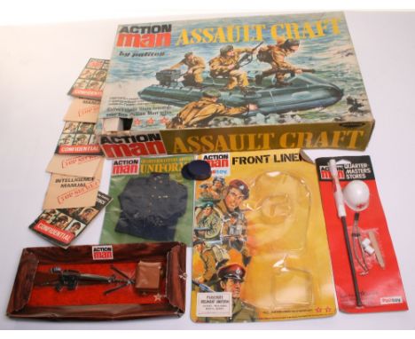 Quantity Palitoy Vintage Action Man Items, including 34132Boxed Assault Craft, with board motor (stars have been cut out from