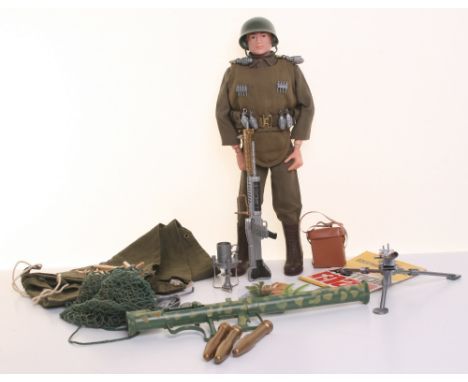 Palitoy Vintage Action Man Heavy Weapons, on blond painted head doll, complete with vest, combat helmet set,  81mm mortar, th