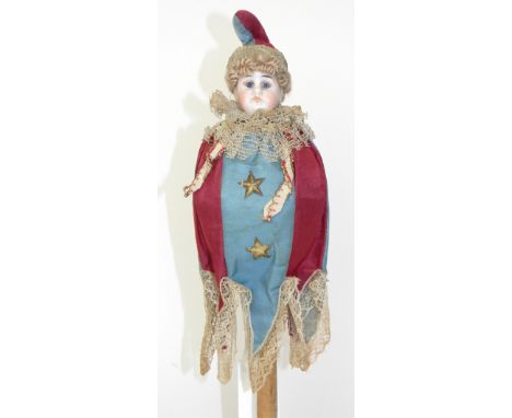Marotte bisque head musical doll, German circa 1890, with fixed blue glass eyes, closed mouth and blonde wig, with original r