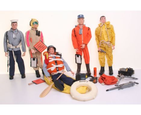 Palitoy Vintage Action Man Breeches Buoy Rescue Set, on brown painted head fixed hands doll, oilskin trousers and jacket with