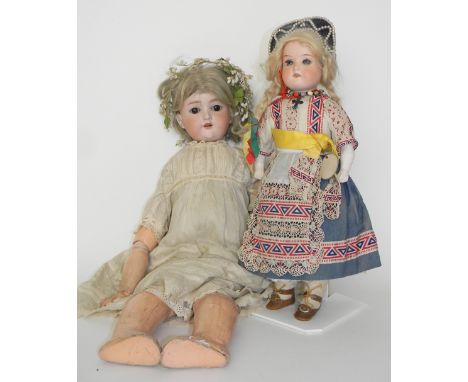 A.M 370 bisque head doll, with weighted blue glass eyes, open mouth and blonde wig, on a cloth body with composition lower ar