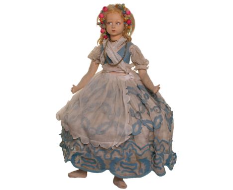 Large Lenci felt doll with an original box, Italian circa 1930, with side-glancing blue painted eyes with iris and dot, paint