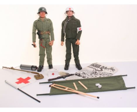 Two Palitoy Vintage Action Men, Medic, with helmet, jacket & trousers, boots, red cross arm band, stretcher, red cross flag, 