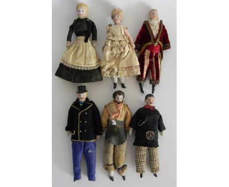 Six German bisque head Dolls House dolls, all with painted features cloth bodies and bisque lower arms and legs, five with mo