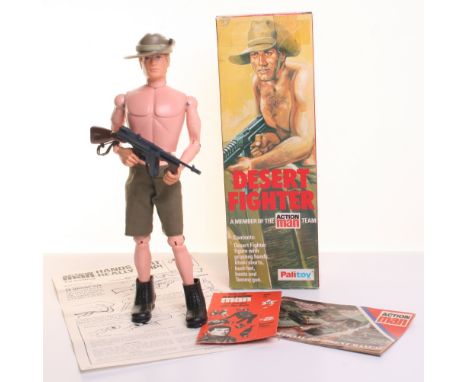 Palitoy Vintage Action Man Boxed Desert Fighter, 34079 flocked hair, gripping hands figure, with khaki shorts, bush hat boots
