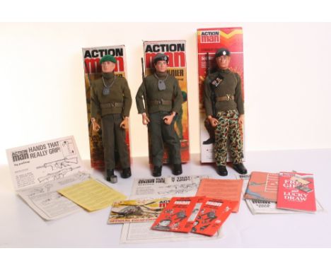 Three Palitoy Vintage Action Man Boxed Soldiers, 34052 flocked hair, gripping hands doll, beret, jersey, muffler, trousers, w