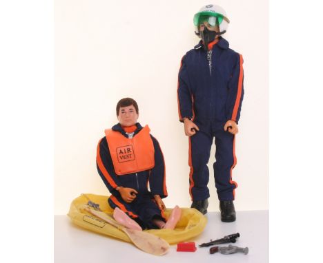 Palitoy Vintage Action Man Helicopter Pilot, blue flying suit, crash helmet, scarf and boots and Helicopter pilot survival se