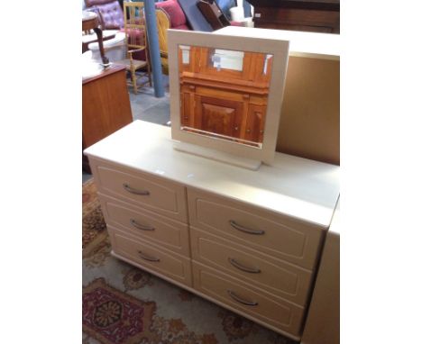 A MODERN LIGHT WOOD DRESSING TABLE WITH DRAWERS AND A MIRROR. W116cm H77cm D42cm
