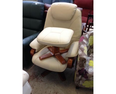 CREAM LEATHER SWIVEL CHAIR AND STOOL W77cm