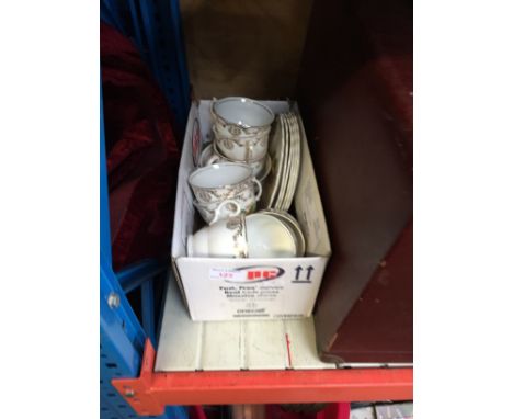 BOX OF CHINA CUPS, SAUCERS AND PLATES