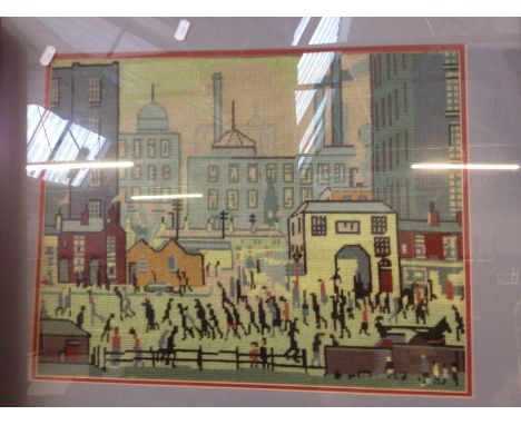 A NEEDLEWORK PICTURE AFTER LOWRY AND A VINTAGE CASE. R