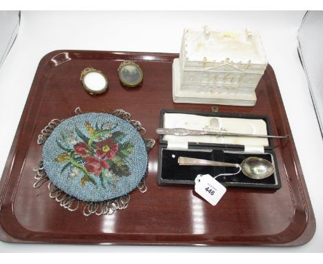 Silver Spoon, Jack Jacobs Button Hook, 2 Small Frames, Beadwork Panel and Bisque Porcelain Model of Queen Marys Dolls House