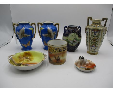 Four Noritake Hand Painted Vases, Small Pot and 2 Dishes