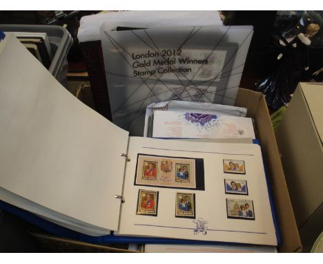 Box with London 2012 Gold Medal Winners Stamps, Royal Wedding 1981 Stamps and Others