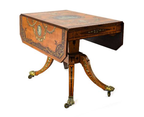 {} A George III Style Satinwood and Polychrome Painted Sofa Table, 3rd quarter 19th century, richly painted with acanthus scr