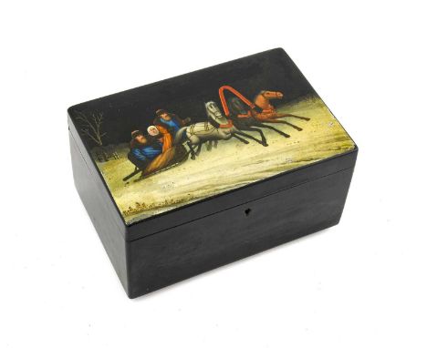 ^ A Russian Lacquered Papier-Mâché Tea Caddy and Cover, Vishniakov factory, late 19th century, of rectangular form, the hinge