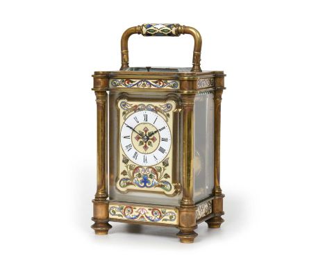 A Brass Champleve Enamel Striking and Repeating Carriage Clock, retailed by R.Wenrly &amp; Co, Paris, circa 1890, case border