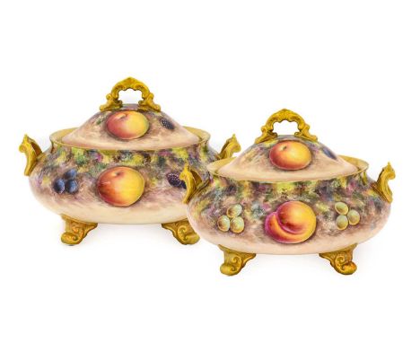 {} A Pair of Royal Worcester Style Porcelain Tureens and Covers, painted by Gerald Delaney, late 20th century, of cushion cir
