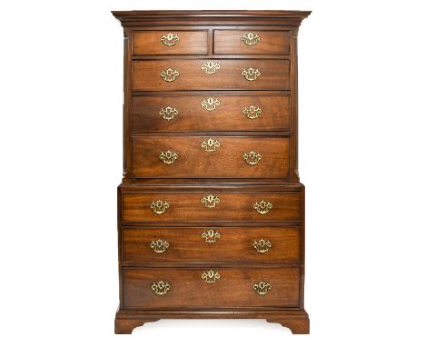 A George III Mahogany Straight-Front and Pine-Sided Chest on Chest, late 18th century, the cavetto cornice above two short an