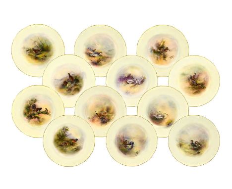 A Set of Twelve Royal Worcester Porcelain Plates, by James Stinton, 1931, painted with named birds in landscape vignettes wit