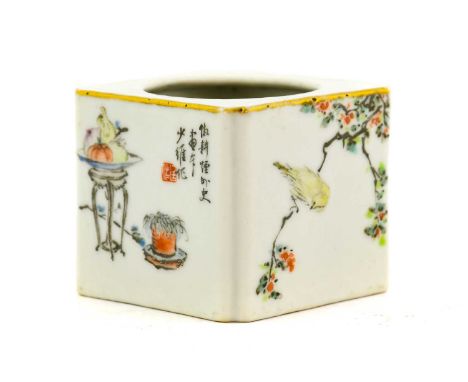 ^ A Chinese Porcelain Brush Washer, Qianlong reign but probably late 19th century, of square form with re-entrant corners, pa