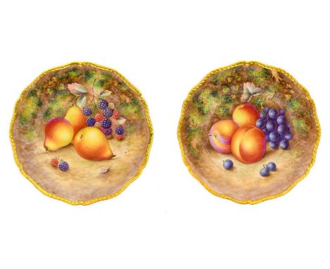{} A Pair of Royal Worcester Porcelain Plates, by Harry Ayrton, 2nd half 20th century, painted with still lifes of fruit on a
