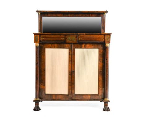 A Regency Rosewood and Brass Inlaid Chiffonier, early 19th century, the superstructure with three-quarter gallery and brass-s