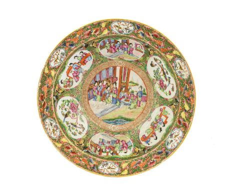 A Cantonese Porcelain Basin, 19th century, typically painted with figures in gardens and birds amongst branches on a foliate 