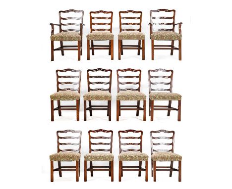 A Set of Twelve (10+2) George III Style Mahogany Ladder-Back Dining Chairs, 1st half 20th century, covered in multicoloured f