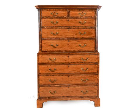 ~  A George III Mahogany, Boxwood and Rosewood Crossbanded Chest on Chest, late 18th century, the moulded cornice above two s