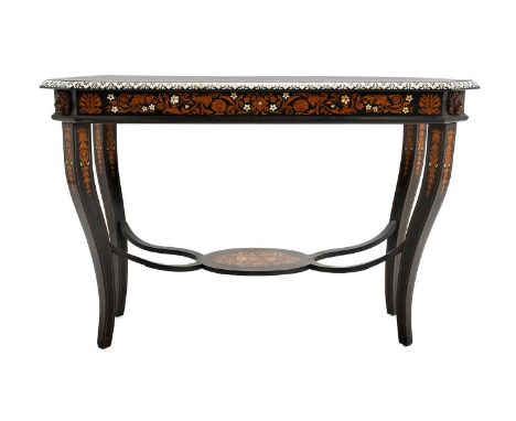 ^  A 19th Century North Italian Ebonised and Marquetry Inlaid Centre Table, of canted rectangular form, the top richly inlaid