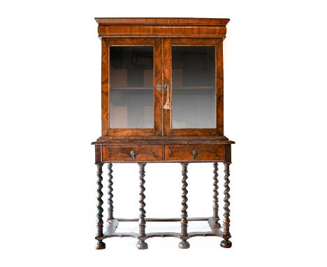 A William &amp; Mary Walnut, Feather-Banded and Quarter-Veneered Display Cabinet on Stand, late 17th century, the moulded cor