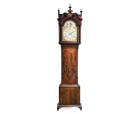 A Mahogany Eight Day Longcase Clock, signed Robert Lawson, Leigh, circa 1780, swan neck pediment, flame mahogany trunk door f