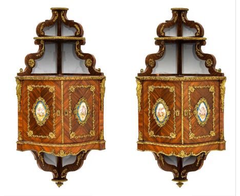 {} A Pair of French Louis XV Style Kingwood and Giltwood Metal-Mounted Corner Brackets, circa 1870, the small shelf above mir