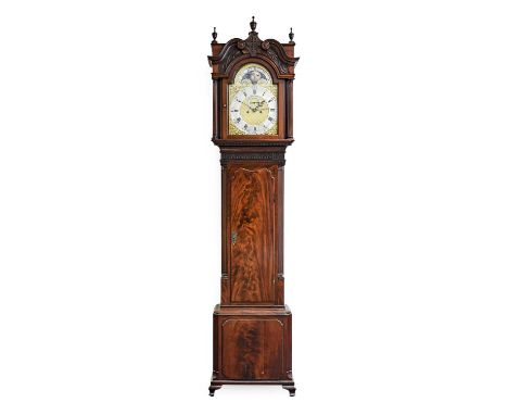 A Mahogany Eight Day Longcase Clock, signed Barker, Wigan, circa 1780, swan neck pediment, flame mahogany trunk door flanked 