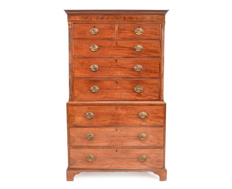~  A George III Mahogany, Boxwood and Ebony Strung Chest on Chest, circa 1780, the moulded cornice above two short and three 