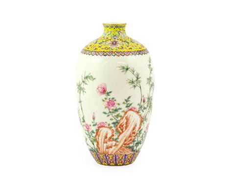 ^ A Chinese Porcelain Vase, Qianlong reign mark but 20th century, of ovoid form with flared neck, painted in famille rose ena